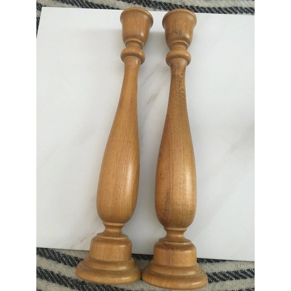 Vintage mcm candlesticks turned wood scroll 11" tapered candle holders - Picture 3 of 10